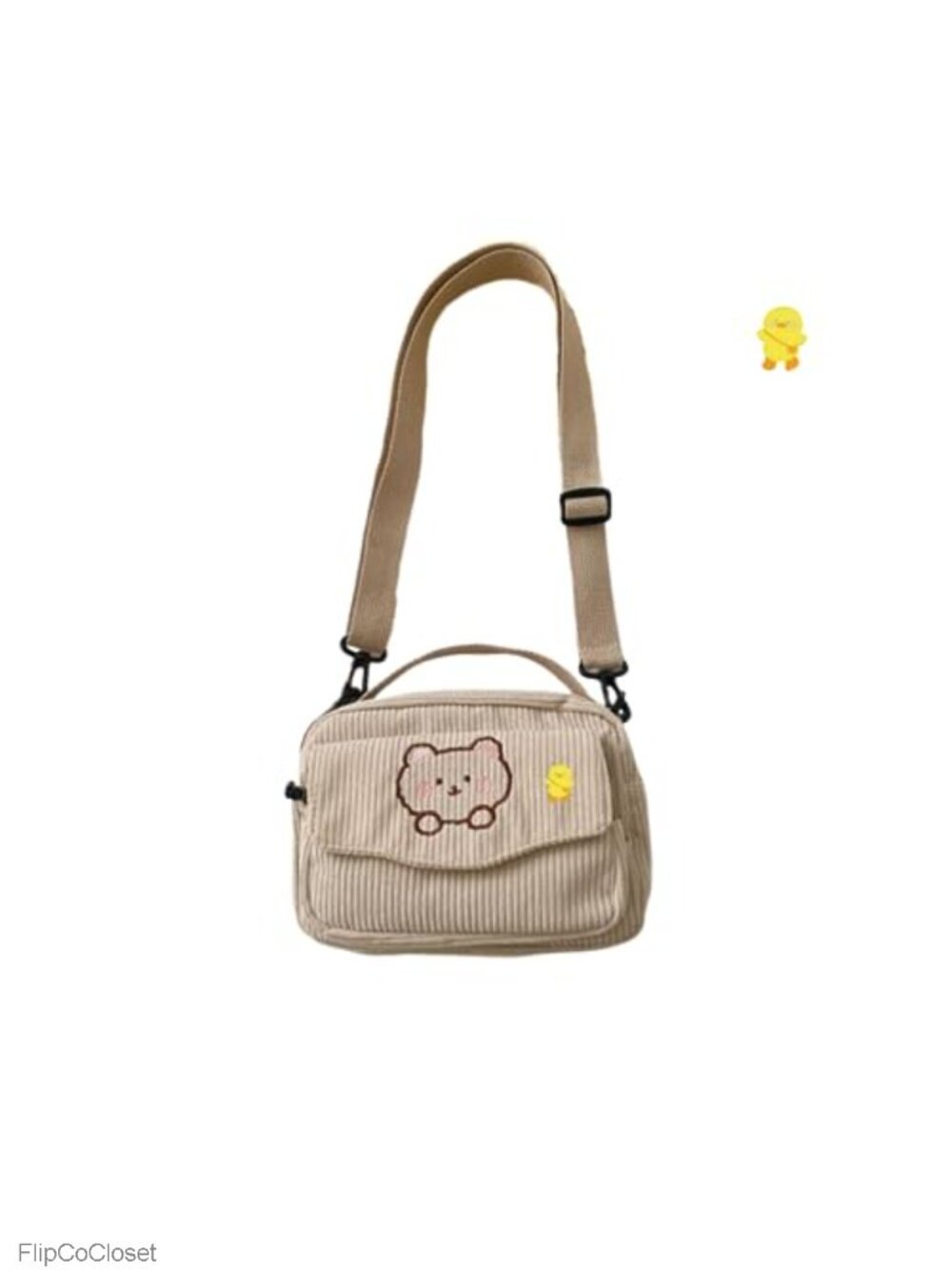 Corduroy Crossbody Bag Kawaii Mini Satchel with Duck Pin